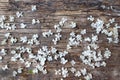 White petals on wooden background, copy space for text. Floral greeting card. Wedding invitation or happy mother day concept. Royalty Free Stock Photo