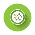 White Petri dish with bacteria icon isolated with long shadow. Green circle button. Vector