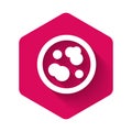 White Petri dish with bacteria icon isolated with long shadow. Pink hexagon button. Vector Illustration