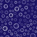 White Petri dish with bacteria icon isolated seamless pattern on blue background. Vector