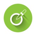 White Petri dish with pipette icon isolated with long shadow. Green circle button. Vector