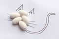 White pharmaceutical pills with cat picture around. Veterinary treatment and medication, animal pharmacy, pet health care concept