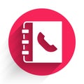 White Phone book icon isolated with long shadow background. Address book. Telephone directory. Red circle button. Vector Royalty Free Stock Photo