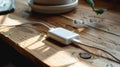 White phone charger on wooden table in contemporary home office interior with natural light Royalty Free Stock Photo