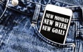 White phone with text New Monday New Week New Goals lies in jeans pocket