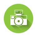 White Photo camera with lighting flash icon isolated with long shadow. Foto camera. Digital photography. Green circle Royalty Free Stock Photo