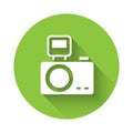 White Photo camera with lighting flash icon isolated with long shadow. Foto camera. Digital photography. Green circle Royalty Free Stock Photo