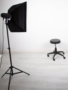 White photographer studio room with light interior for shooting models with photo professional equipment