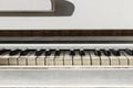 White pianoforte, front view instrument, musical instrument. lea