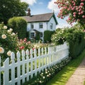 a white picket fence in front of a house with roses growing on Royalty Free Stock Photo