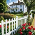 a white picket fence in front of a house with roses growing on Royalty Free Stock Photo