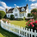 a white picket fence in front of a house with roses growing on Royalty Free Stock Photo