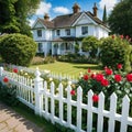 a white picket fence in front of a house with roses growing on Royalty Free Stock Photo