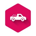 White Pickup truck icon isolated with long shadow background. Pink hexagon button. Vector Royalty Free Stock Photo