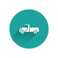 White Pickup truck icon isolated with long shadow. Green circle button. Vector Royalty Free Stock Photo