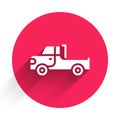 White Pickup truck icon isolated with long shadow. Red circle button. Vector Royalty Free Stock Photo