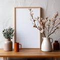 White picture frame hangs with a neat arrangement of flowers, AI-generated.