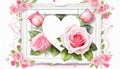 A white picture frame with a painted heard and rose-colored roses - Valentines Day concept