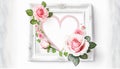 A white picture frame with a painted heard and rose-colored roses - Valentines Day concept