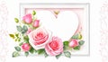 A white picture frame with a painted heard and rose-colored roses - Valentines Day concept