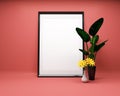 White picture frame on red background with plant Mock up. 3D renderin Royalty Free Stock Photo