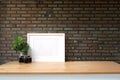 White picture frame, retro camera and potted plant on wooden table with brick wall Royalty Free Stock Photo