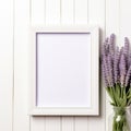 Minimalist Lavender Picture Frame Mockup On White Wooden Background