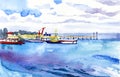 White pier in the blue sea. Summer sunny day. Watercolor seascape.