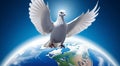 A white pigeon flies against the background of the blue planet Earth Royalty Free Stock Photo