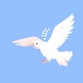 White pigeon flying with twig, world symbol of hope and peace, dove holding branch Royalty Free Stock Photo