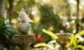 White pigeon perched on a marble statue with a peace globe in the background in a serene garden setting Royalty Free Stock Photo