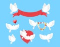 White Pigeons Holding Red Ribbon, Flower Wreath