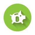 White Piggy bank bitcoin icon isolated with long shadow. Icon saving or accumulation of money, investment. Green circle Royalty Free Stock Photo