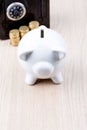 White piggy bank with black coin back