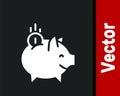 White Piggy bank with coin icon isolated on black background. Icon saving or accumulation of money, investment. Vector Royalty Free Stock Photo