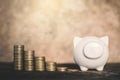 White piggy bank and coin on wood Royalty Free Stock Photo