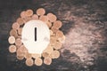 White piggy bank and coin on wood Royalty Free Stock Photo