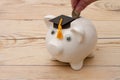 A white piggy bank with grad cap on weathered wood Royalty Free Stock Photo