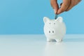 White piggy bank with hand putting money coins on blue background, copy space. object savings money. Royalty Free Stock Photo