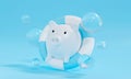 White piggy bank on pastel blue background abstract with pool ring or lifebuoy in water. 3d render for bankruptcy and saving money