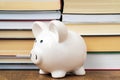 White piggy bank and stacked books on background