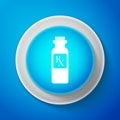 White Pill bottle with Rx sign and pills icon isolated on blue background. Pharmacy design. Rx as a prescription symbol Royalty Free Stock Photo