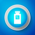 White Pill bottle with Rx sign and pills icon isolated on blue background. Pharmacy design. Rx as a prescription symbol Royalty Free Stock Photo