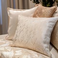A white pillow with a leaf pattern sits on a bed Royalty Free Stock Photo