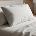 White pillow on a neatly made bed with smooth, wrinkle-free bedding. The pillow is Royalty Free Stock Photo