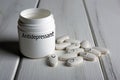 White pills with emoticons with a jar with inscription antidepressant Royalty Free Stock Photo