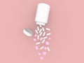 White pills and have a small pink heart spilling out of white bottle. Taking medication to treat illness Isolated on pastel pink b Royalty Free Stock Photo