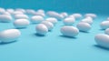 white pills on light blue background , copy space, AI Generated Royalty Free Stock Photo