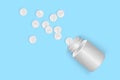 White pills pouring out of white blank bottle in realistic style, vector illustration isolated on blue background Royalty Free Stock Photo