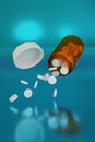 White pills spilling out of pill bottle isolated on blue background. 3d illustration Royalty Free Stock Photo